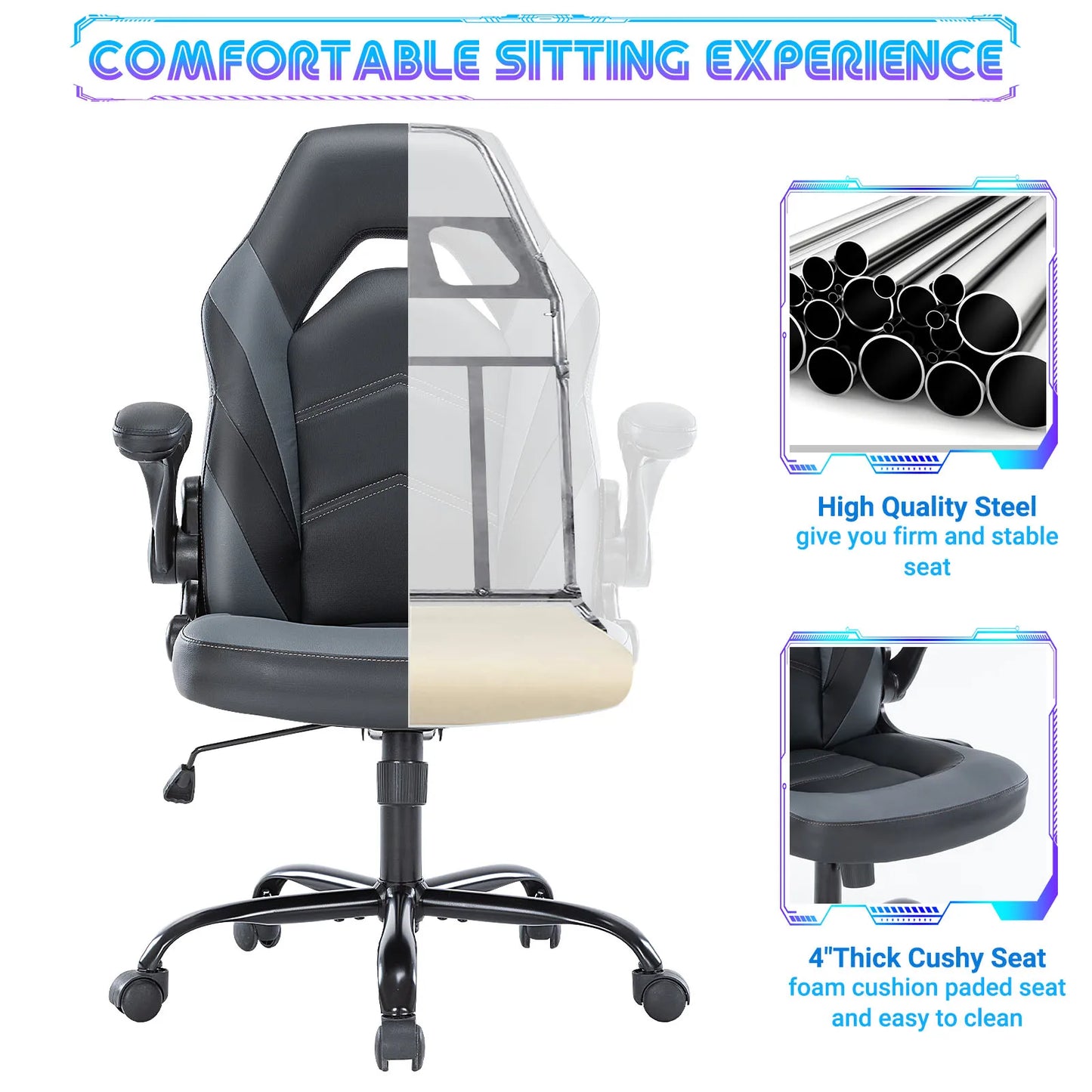 Ergonomic Gaming Office Chair With Adjustable PU Leather Armrests