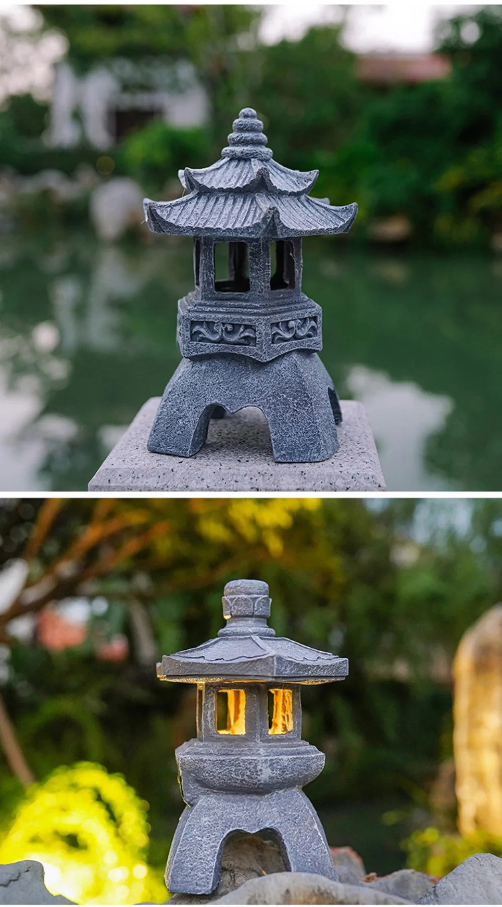 Solar Powered Lamp Garden Accessories Oriental Stone Pagoda Sculpture Zen Palace Lantern Outdoor Light Garden Ornament