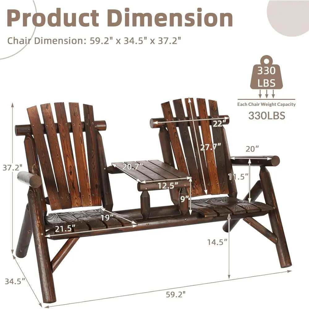 Rustic 2-Person Wooden Adirondack Bench Set with Loveseat and Built-in Table for Patio, Garden, or Poolside