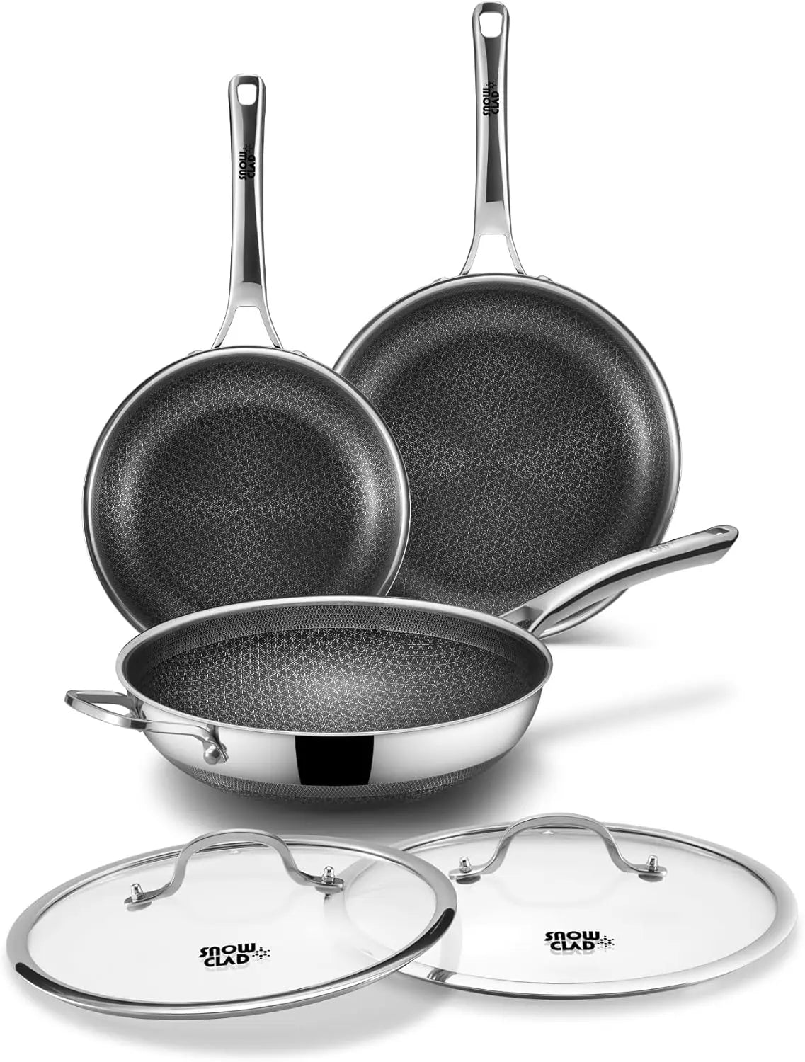 3-Piece Hybrid Stainless Steel Cookware Set-12 Inch Wok with Lid,10 Inch Frying Pan,12 Inch Skillet with Lid-Non Stick,PFOA Free