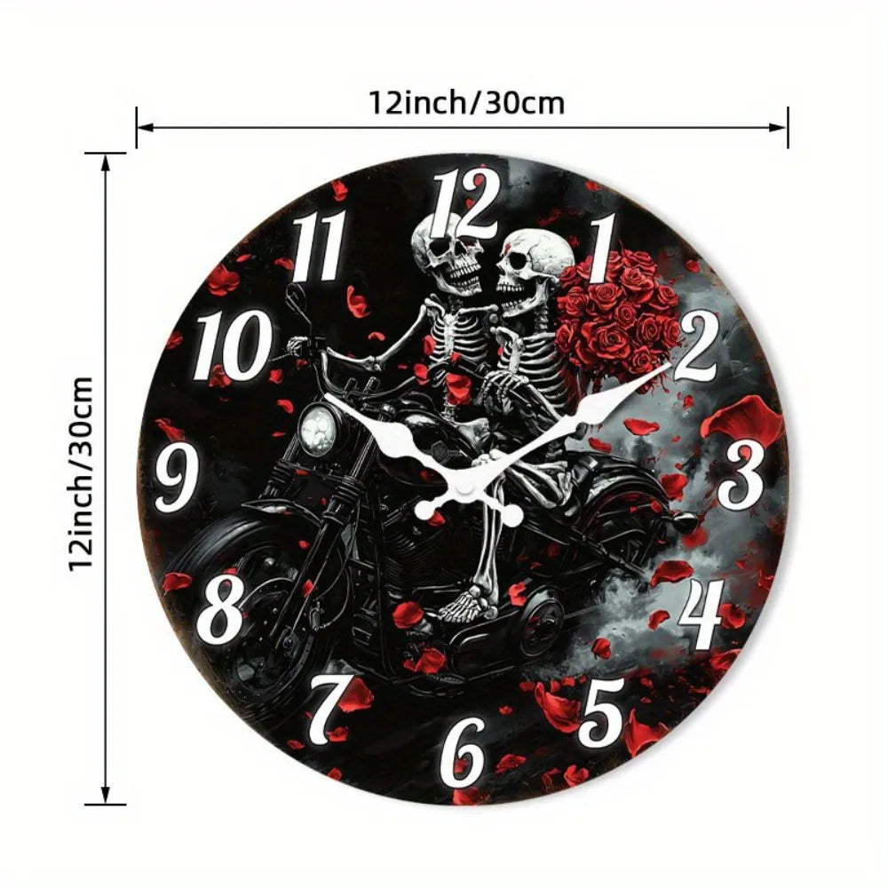 () 1pc Silent Wall Clock Non-Ticking Wooden, Decorative Circular Clock Gothic Motorcycle Skeletons with Roses Design for Bedroom