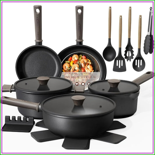 19 Pcs Pots and Pans Set Non Stick, Black Titanium Induction Cookware, PTFE PFOA PFOS Free