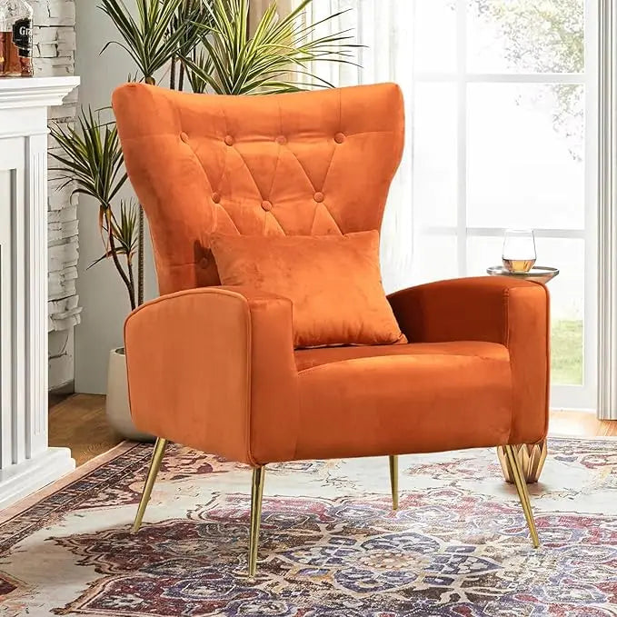 Velvet Accent Arm Chair, Mid-Century Modern Living Room Chair, Wingback Bedroom Side Chair with Gold Legs & Pillow，Customized
