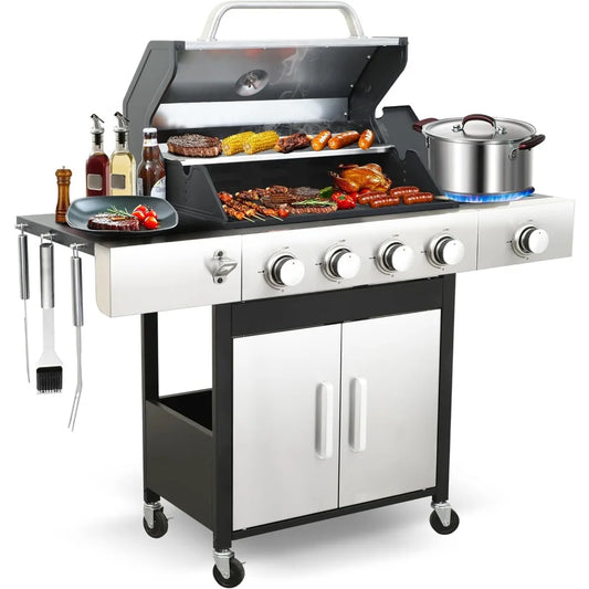 Propane Gas Grill with Side Burner 4 Main Burners 49000 BTU Stainless Steel Lid Cast Iron Grids Easy Clean Grease