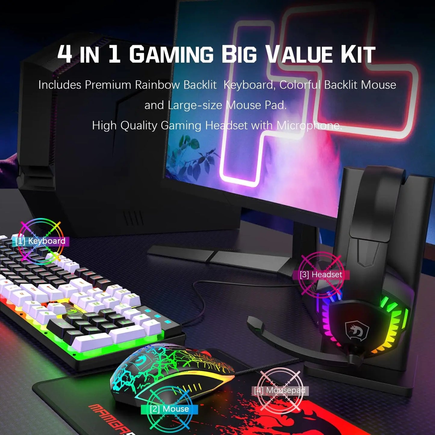 MANBASNAKE T11 Wired Gaming Keyboard and Mouse Headset Combo Rainbow LED Backlit