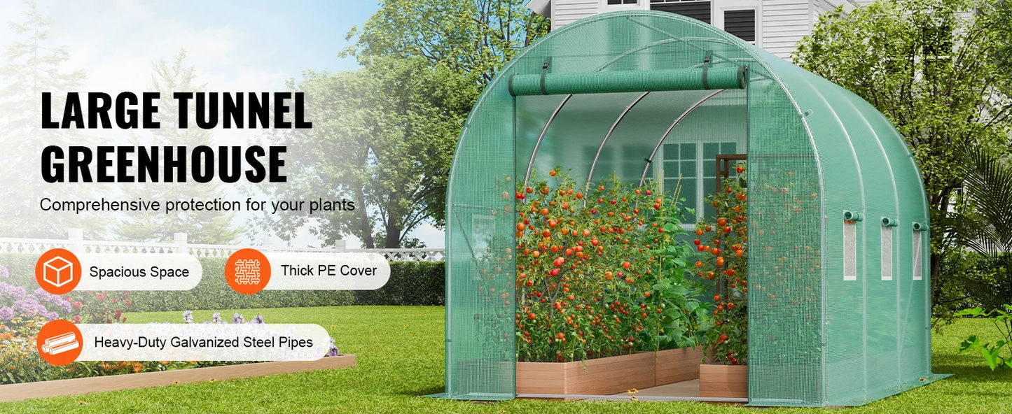 SucceBuy Walk-in Tunnel Greenhouse Hoop House Greenhouse Tunnel Plant Hot House with Steel Frame PE Cover Roll-up Zipper Door