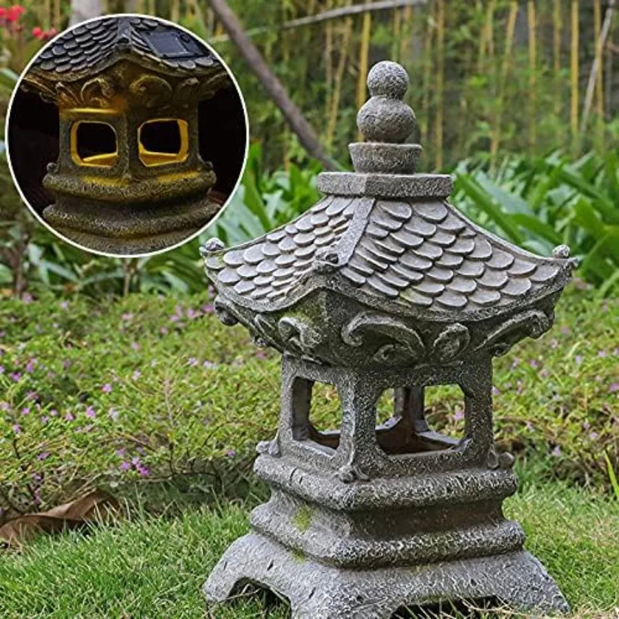 Asian Solar Zen Pagoda Garden Statue 14 Inch Outdoor Japanese Lamp Lantern for Home Garden Landscape Décor 14 inch Pagoda
