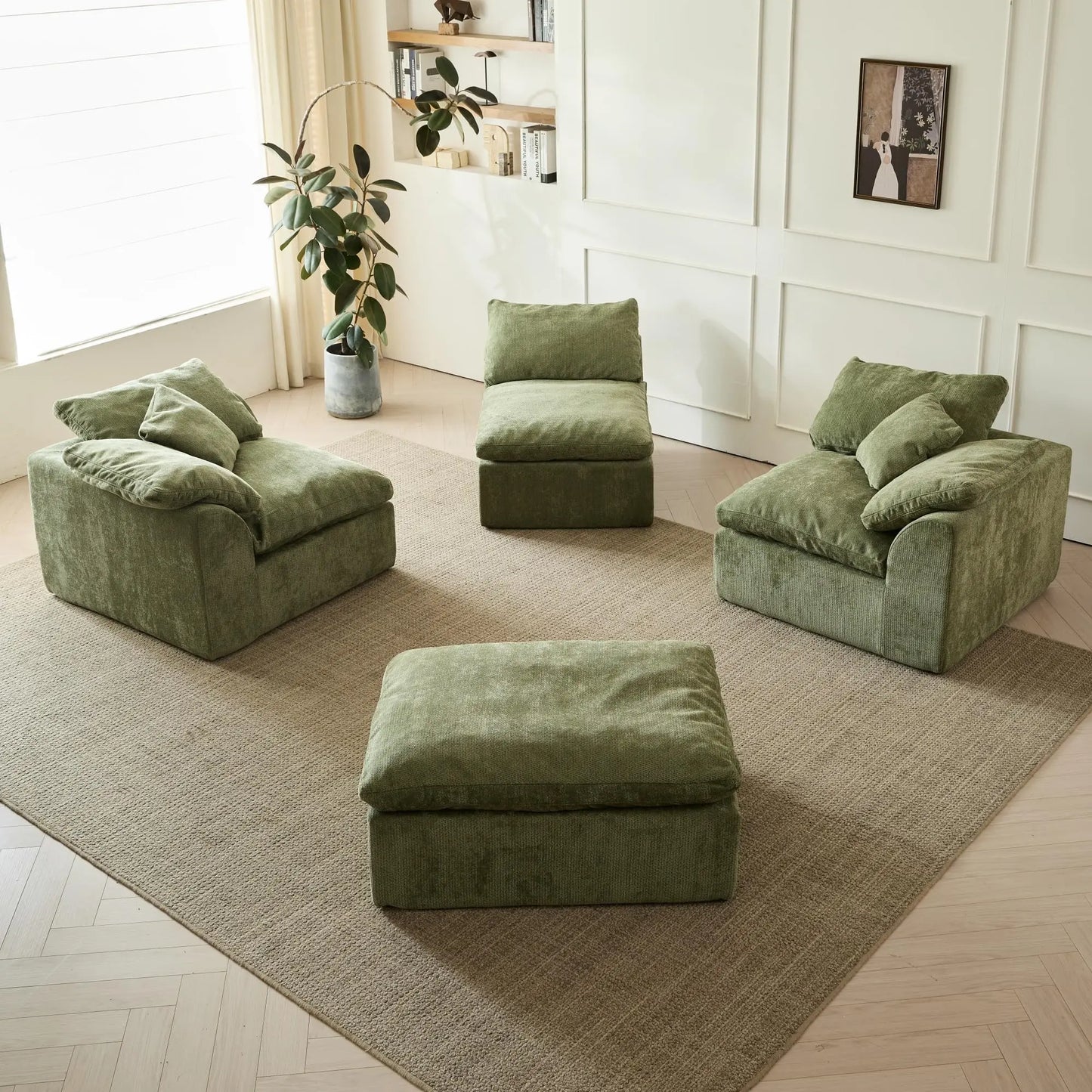 Modern L Shaped Chenille Sectional Sofa With Ottoman