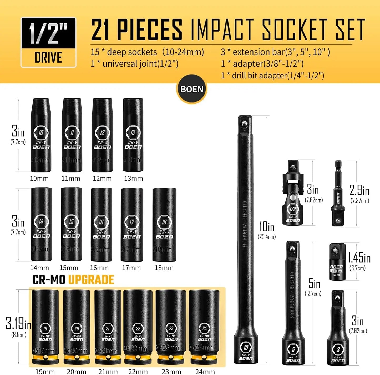 BOEN Pro Deep Impact Socket Set Metric Premium CRMO