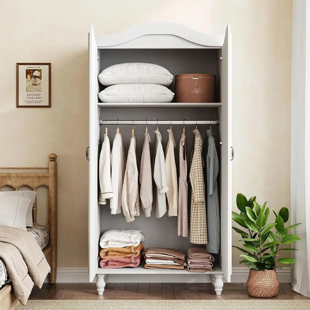 71 High Wooden Armoire with 2 Doors, Hanging Rod & Shelves - White Storage Cabinet for Bedroom or Cloakroom