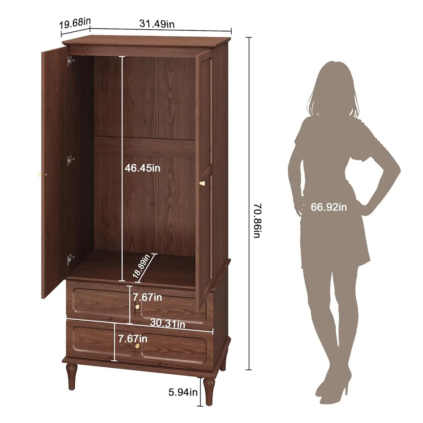 71" Mid-Century Armoire Wardrobe Closet Doors Drawers Wood Hanging Rod Bedroom Large Storage Custom