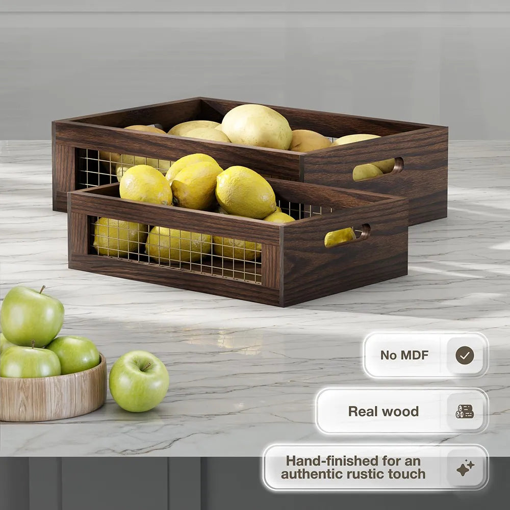 2 Pack Rustic Wooden Nesting Crates, Wall Mount Storage Baskets with Full Accessories, Multipurpose Organizer for Kitchen Pantry Bathroom Fruit Bread