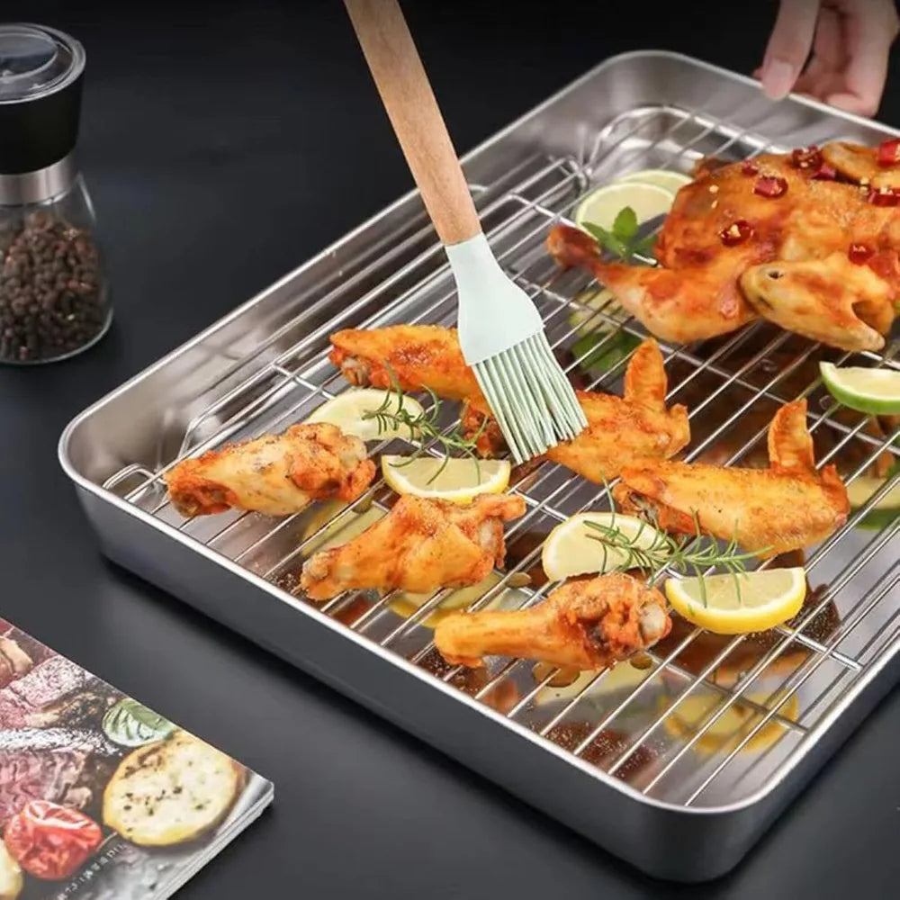 Stainless Steel Baking Tray Set with Grill 304 Stainless Steel Rectangular Cooling Rack Grilling Tools BBQ Safe Small Grill