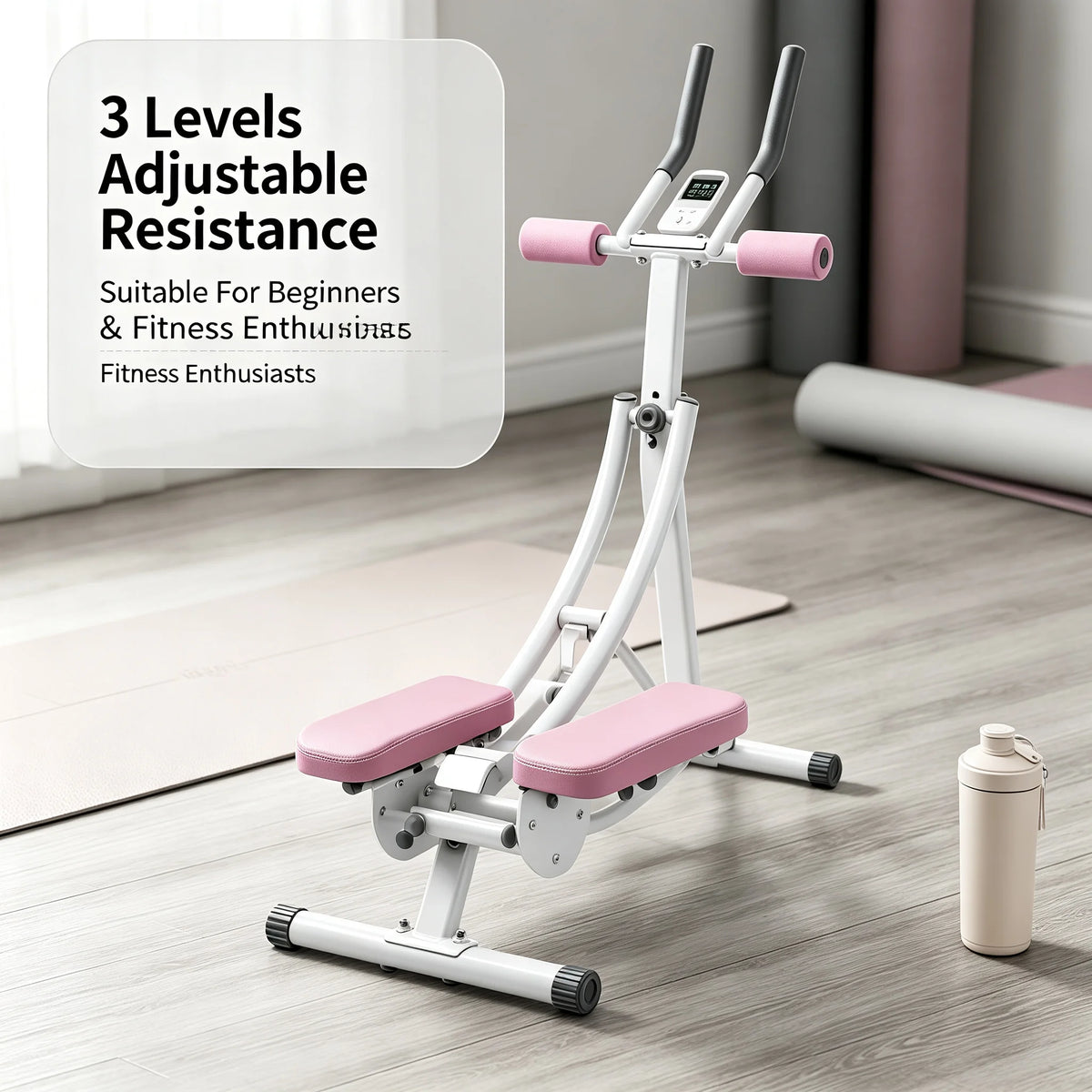 Ab Trainer Machine with LED Display, 3-Level Adjustable Abdominal Workout Equipment with Dual Arc Track, Foldable Core Trainer for Home Gym, Pink