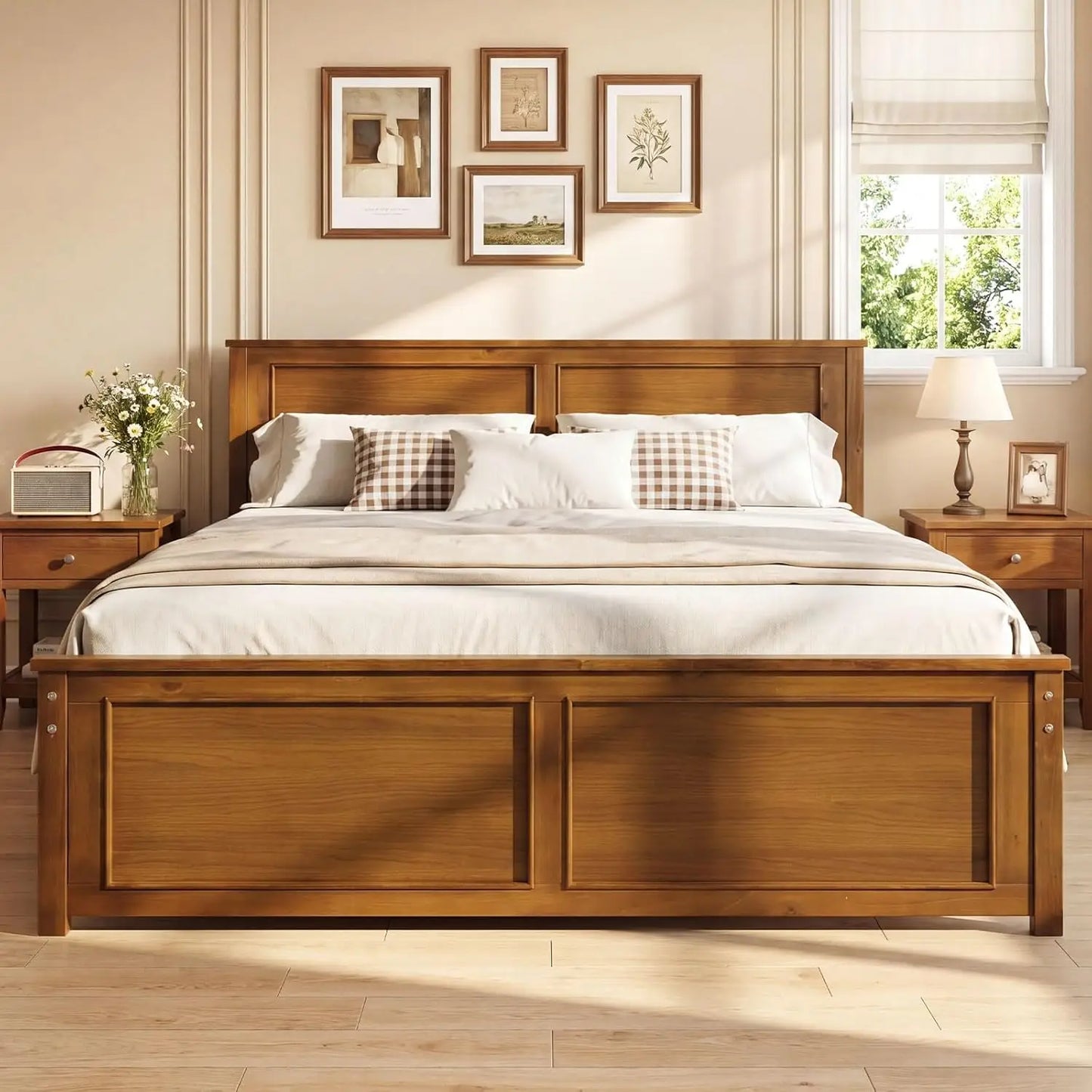 Wood Full Size Bed Frame with Headboard, Farmhouse Solid Platform Bed w/Wooden Slat Support Mattress Foundation,, Custom