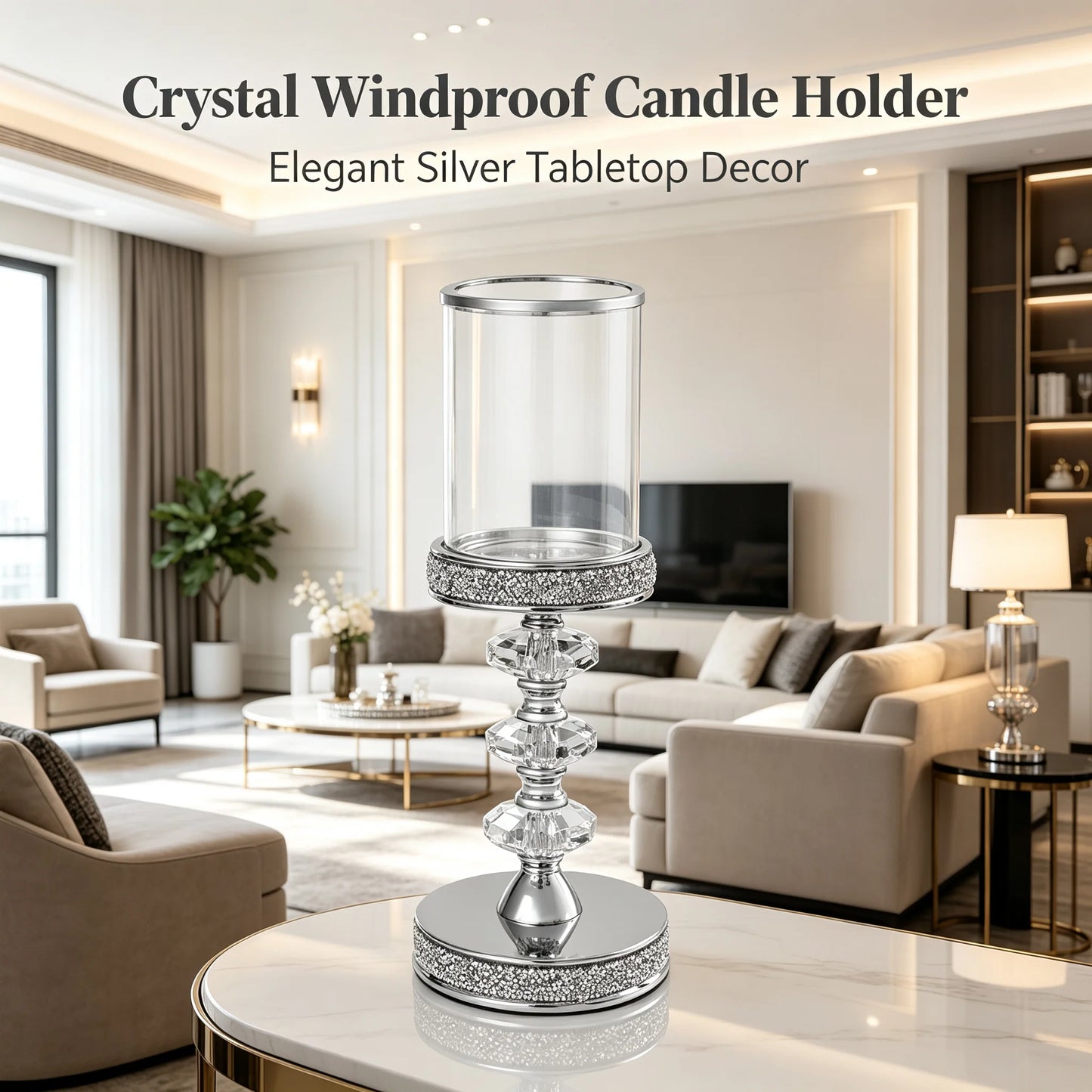 Crystal Candle Holder with Windproof Glass Cover, Hexagon Crystal Ball Candlestick with Anti-Tip Magnet Base, Tabletop Centerpiece Decor for Home Wedding Party, Silver/Clear