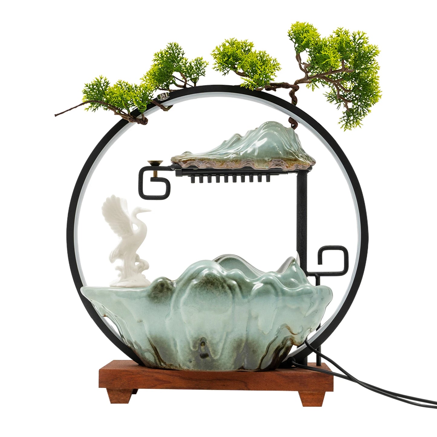 Black Manual Tabletop Water Fountain,Indoor Ceramic Waterfall with LED Light Mist Desk Fountain for Decorative Item