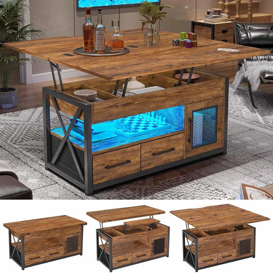 40 Inch Lift Top Coffee Table with Storage Cabinet 4 in 1 Small Farmhouse Living Room Coffee Table with Fabric Drawers and LED Lights