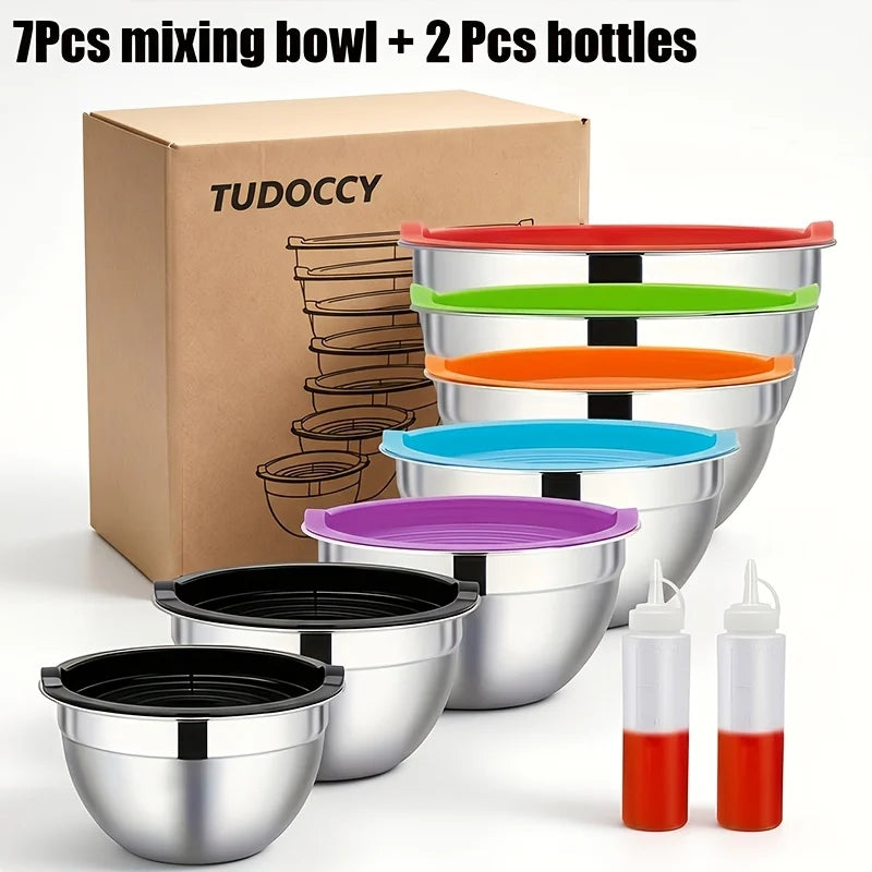 7pcs Mixing Bowls with Lids/7pcs Mixing Bowl+2pcs Bottles for Kitchen, Stainless Steel Mixing Bowls Set Ideal for Baking, Prepping, Cooking And Serving Food, Nesting Metal Mixing Bowls for Space Saving Storage