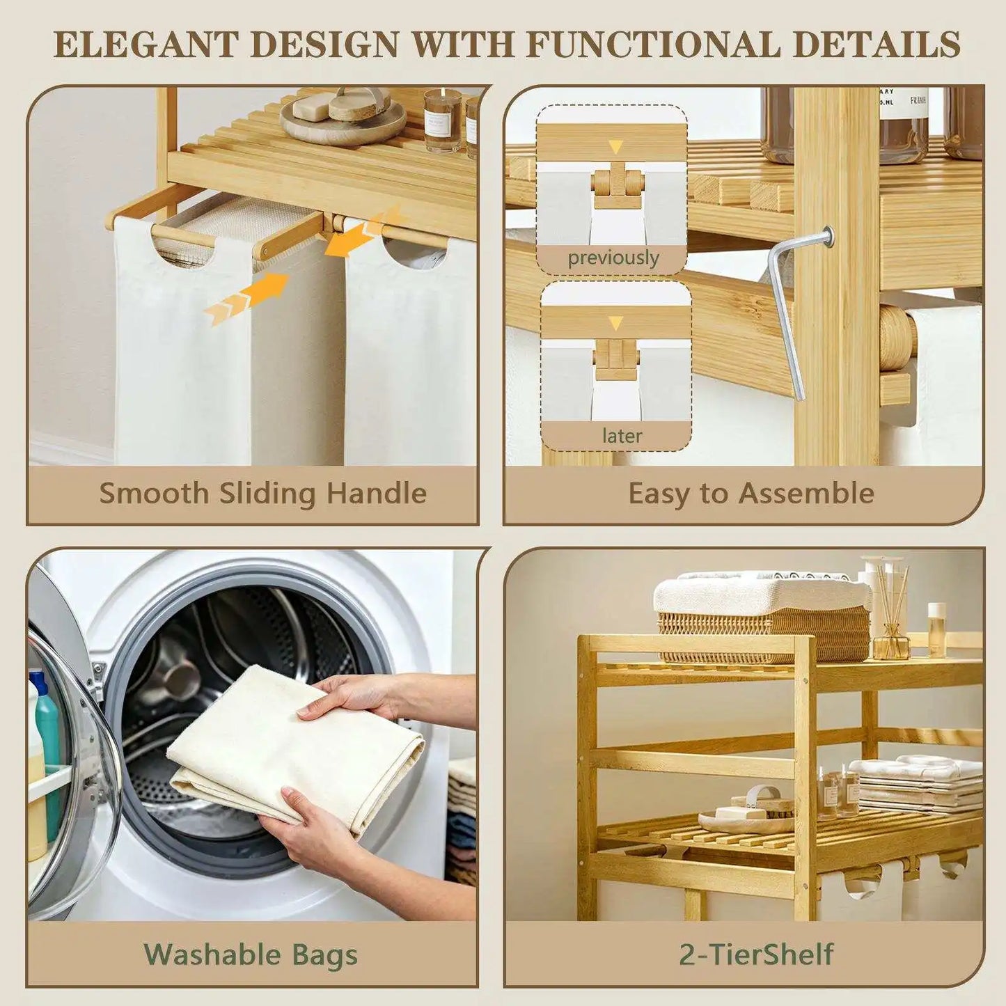 Single / Double Tier Laundry Hamper, 3 / 4 Section Large Bamboo Laundry Sorter with Removable Bags, Large Capacity, Efficient Clothing Storage, Perfect for Washing, Drying and Storage Organizer bathroom organizer
