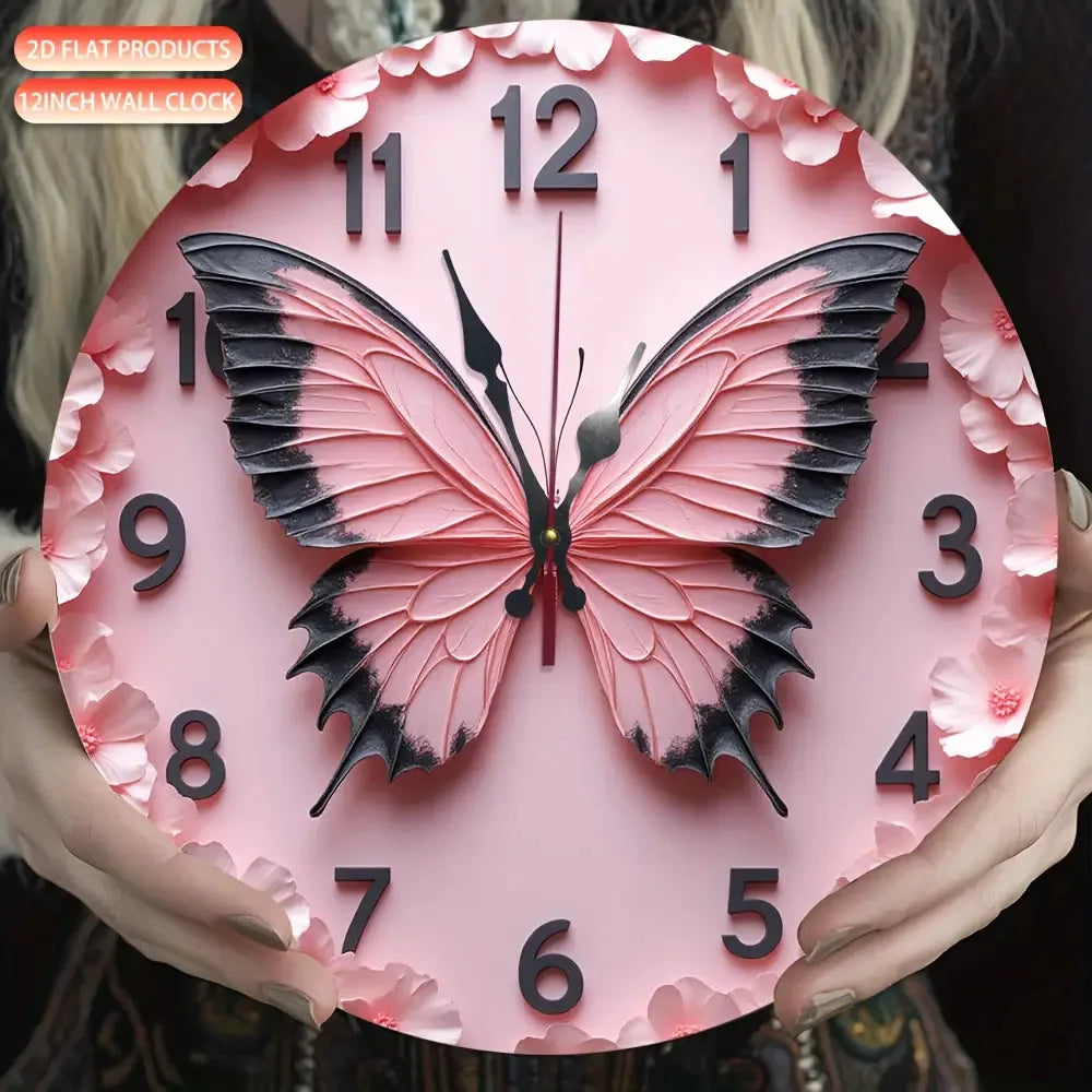 One Piece of a 9.84-Inch Wooden 2D Flat Pink Butterfly Wall Clock Featuring Black Hands And Large, Easy-To-Read Numbers. It Boas