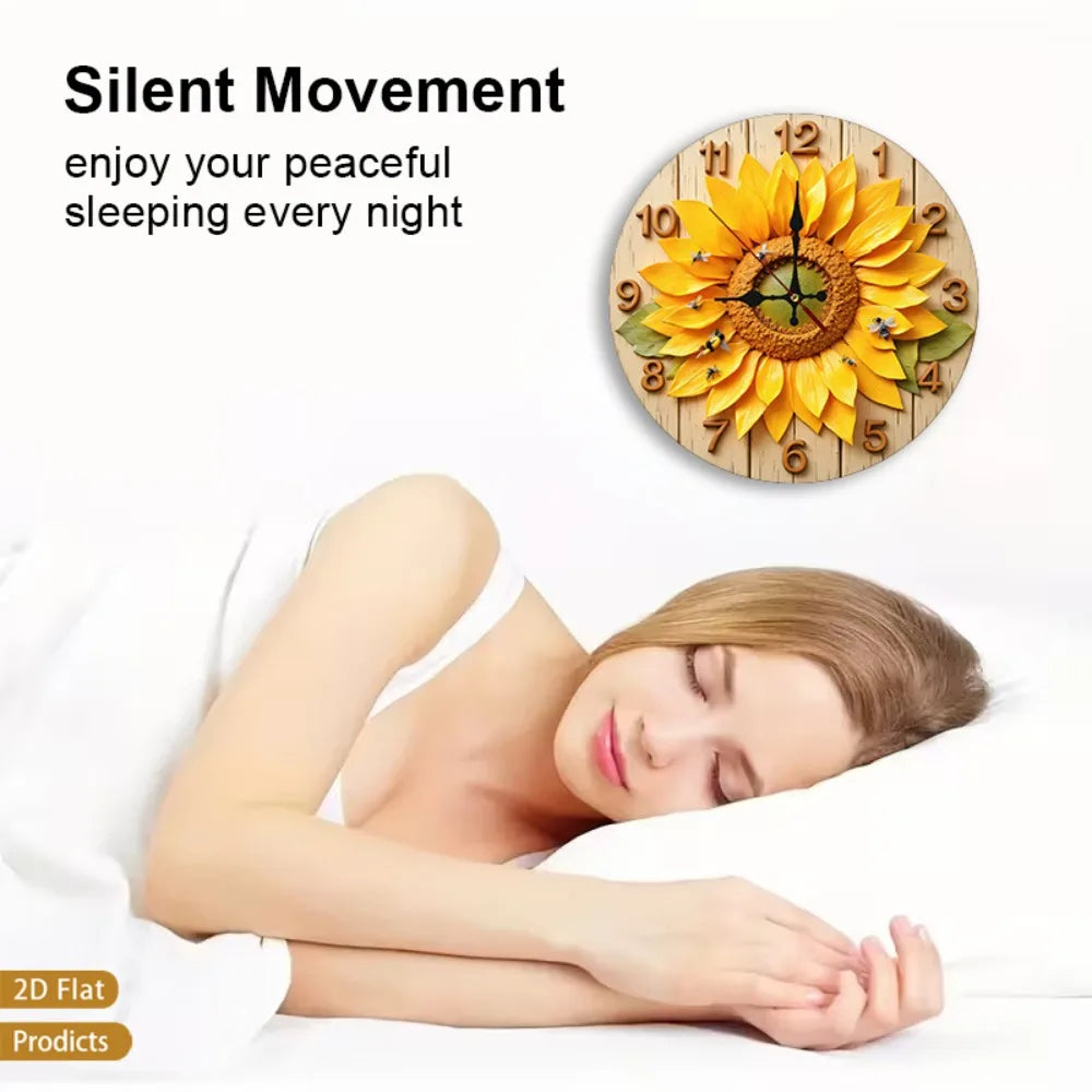 1pc 12-inch Large Sunflower & Bees Wall Clock - Silent Non-Ticking Nursery Room Decor with Wood Frame, Flower Foliage Design, Ba
