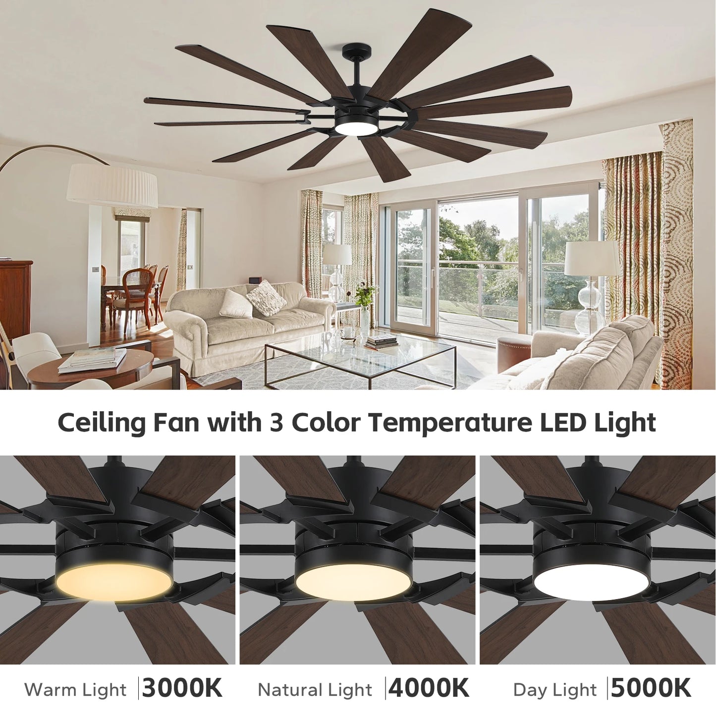 62/72in Industrial Ceiling Fan with Light & Remote Dual-finish Blades Quiet Reversible DC Fan High CFM Energy Efficient 3CCT LED