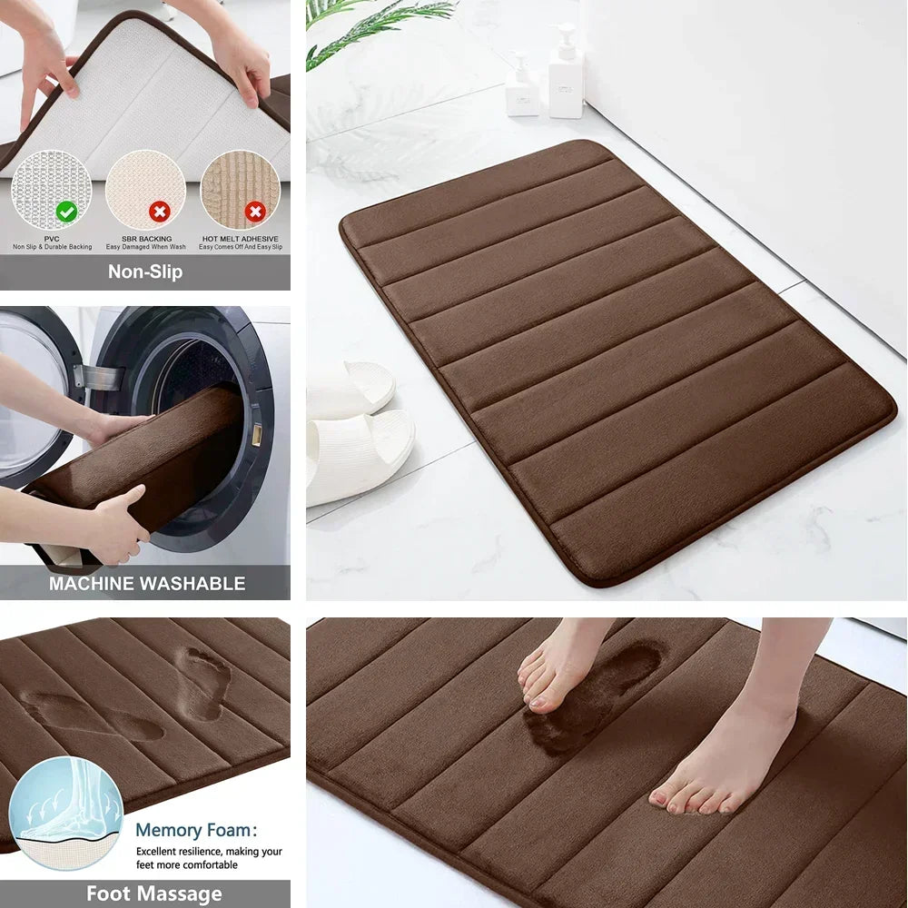 Black Memory Foam Bath Mat Soft Comfortable Super Water Absorption Non-Slip Thick Machine Washable Easy to Dry Home Floor Rug