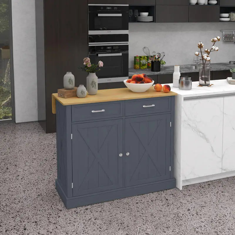 HOMCOM Rolling Kitchen Island with Drop Leaf Wood Breakfast Bar, Farmhouse Kitchen Cart with 2 Drawers, Adjustable Shelves for Dining Room, Dark Gray