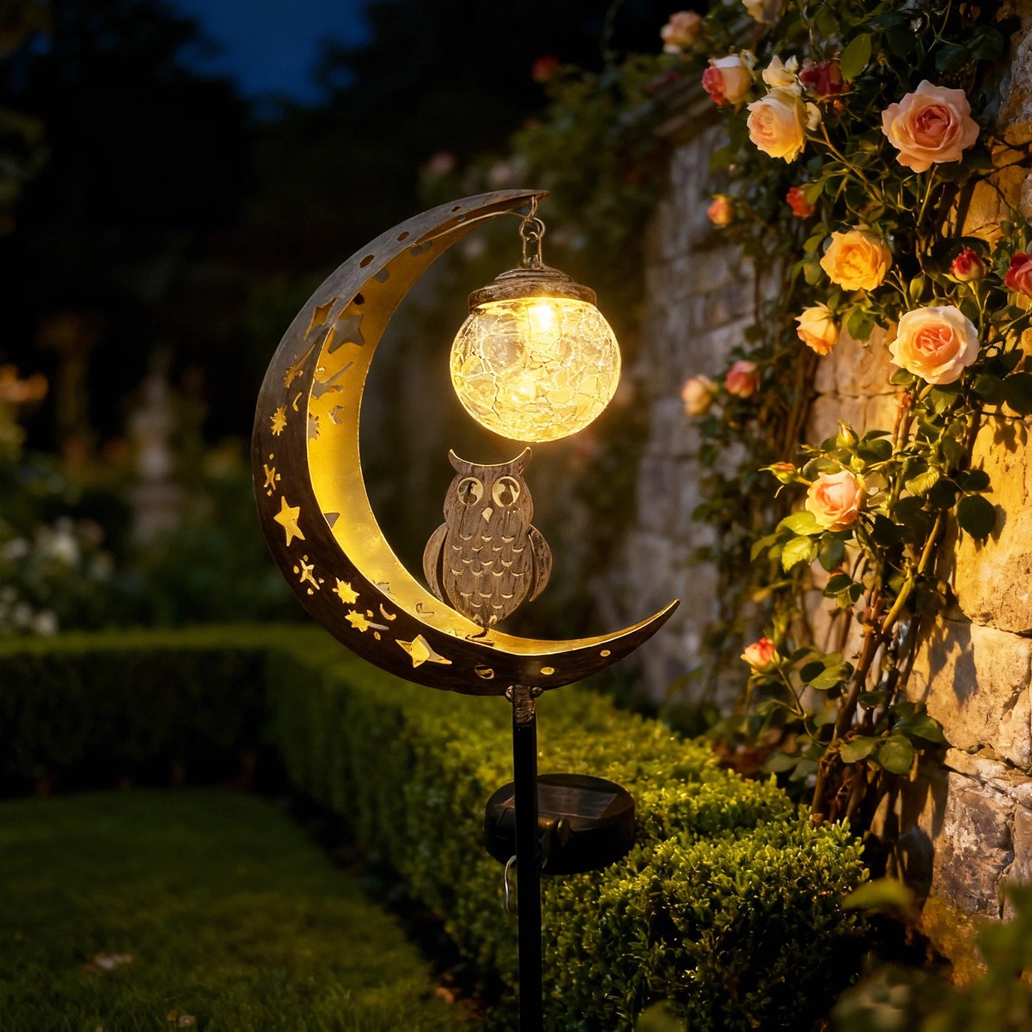 Solar Moon Ground Light With Decorative Owl And Glass