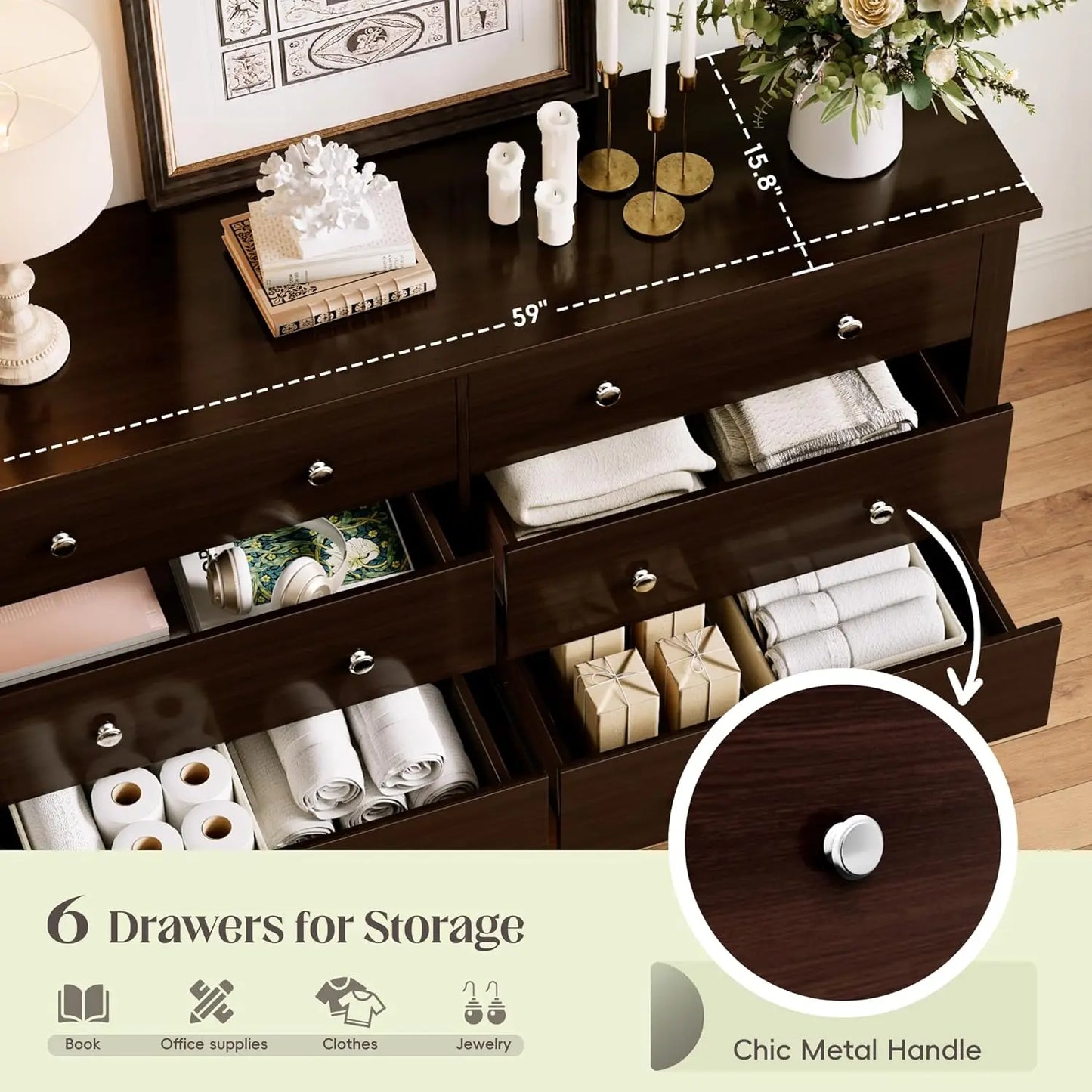 6 Drawer Wood Dresser Wide Storage Tower Modern Bedroom Living Room Hallway Entryway Dark Brown, Customized