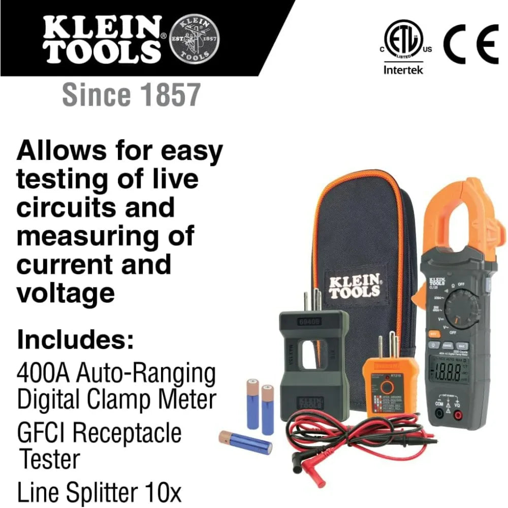 Klein Tools CL120KIT Clamp Meter Electrical Test Kit, AC Auto Ranging 400 Amp Backlit Display Includes GFCI Tester-Line Splitter