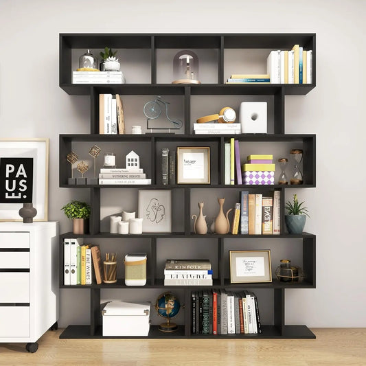 6 Tier S Shaped Bookshelf, 31.5L x 9W x 75H Wooden Bookcase