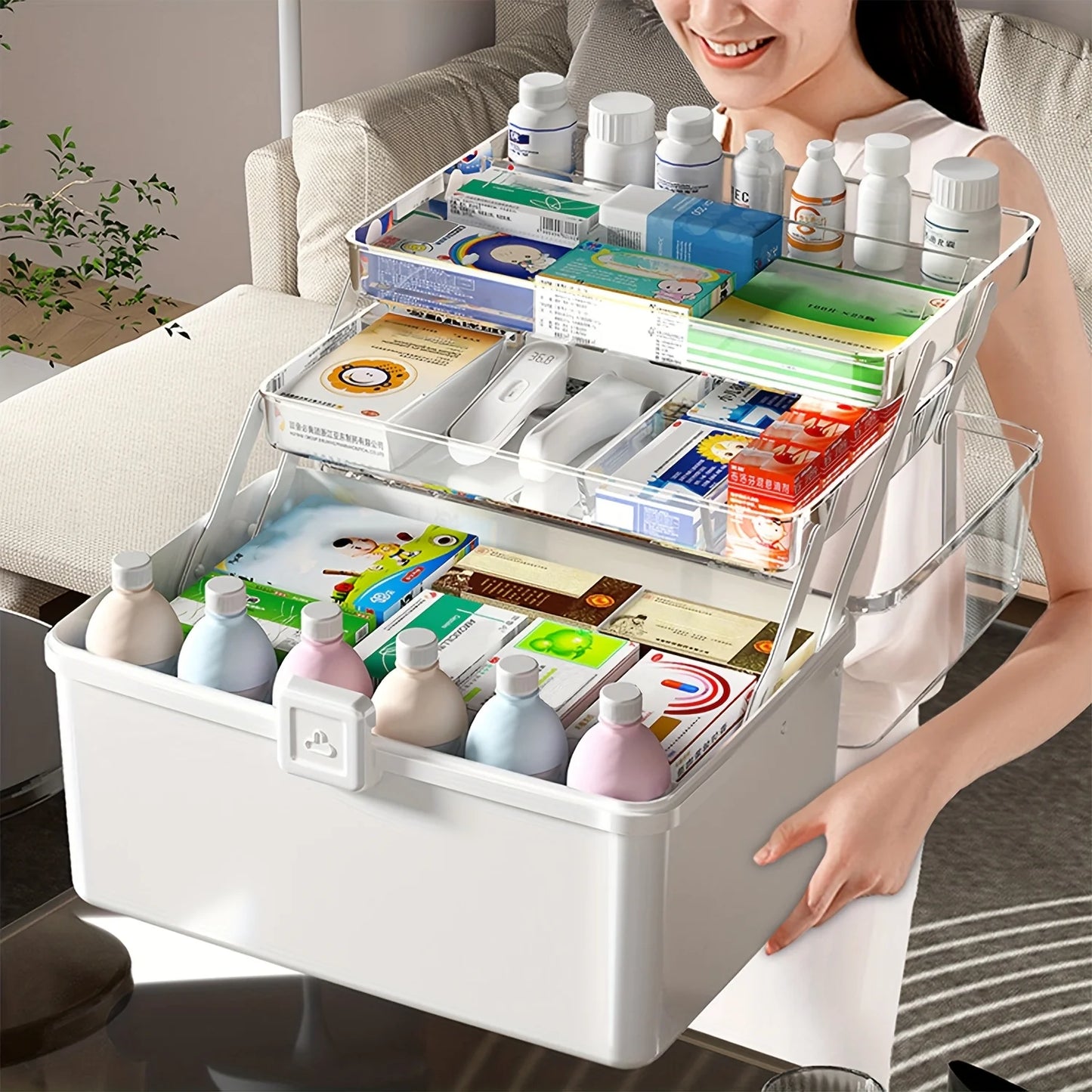 Three-layer large-capacity household medicine box, multi-functional storage box, foldable toolbox, art handicraft storage box