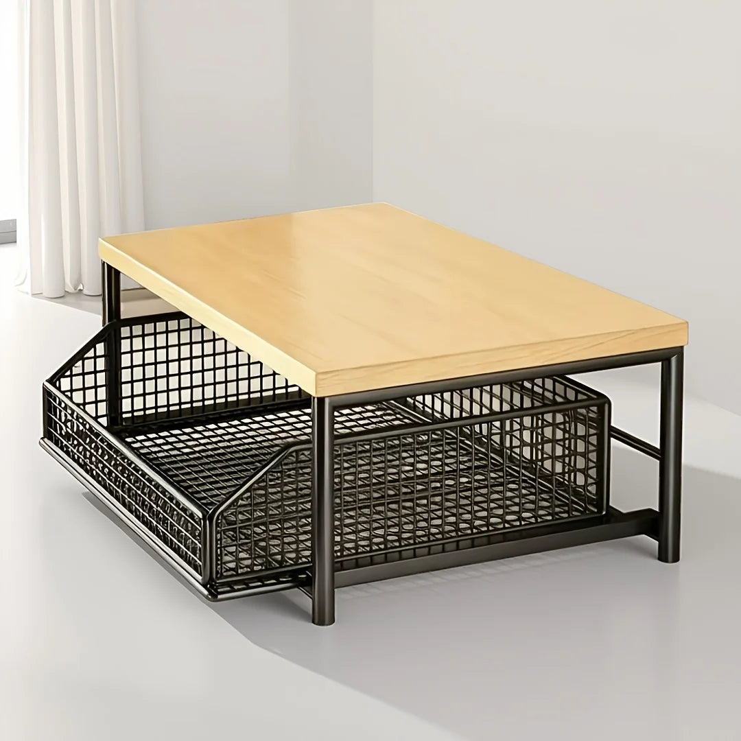 Kitchen Counter Storage Rack with Metal Drawer, Solid Wood & Metal Pull-Out Organizer for Coffee Maker, Microwave And Tableware
