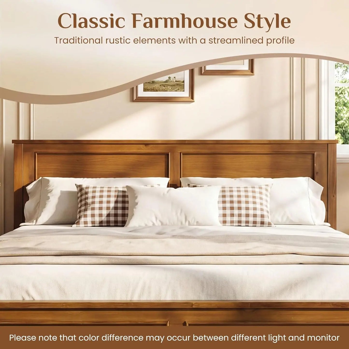 Wood Full Size Bed Frame with Headboard, Farmhouse Solid Platform Bed w/Wooden Slat Support Mattress Foundation,, Custom