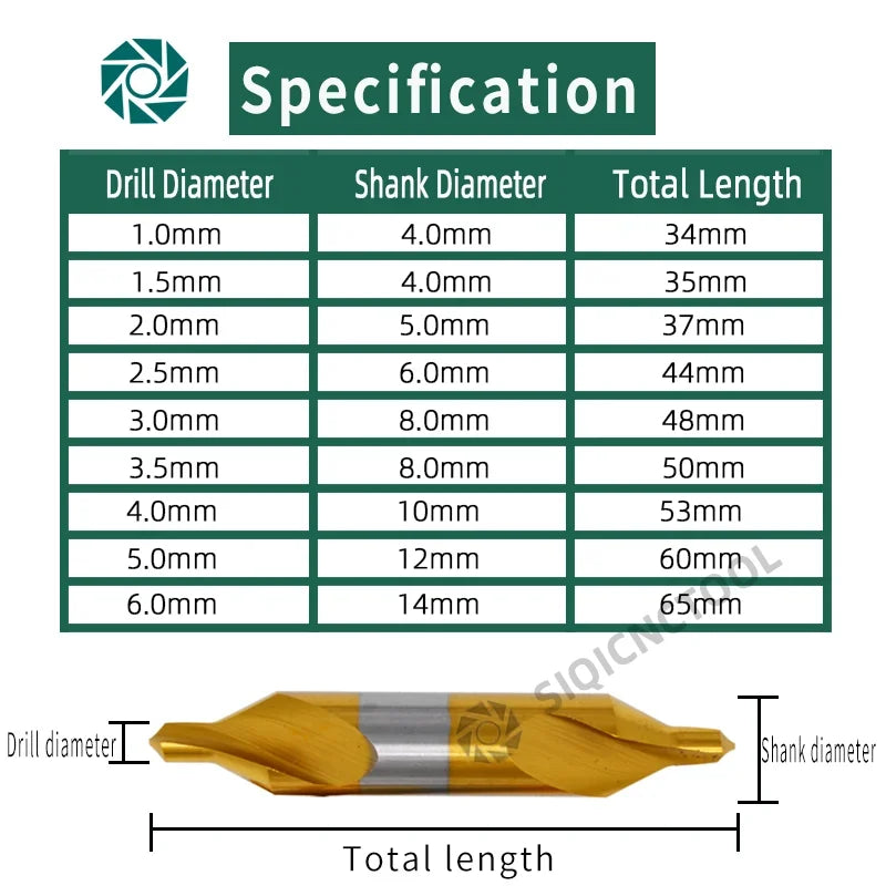 HSS Combined Center Drills Ti-Coated 60 Degree Countersinks Angle Bit Set 6pcs 1.0-5mm Metal Centering Dril Bit Lathe W6542 M35