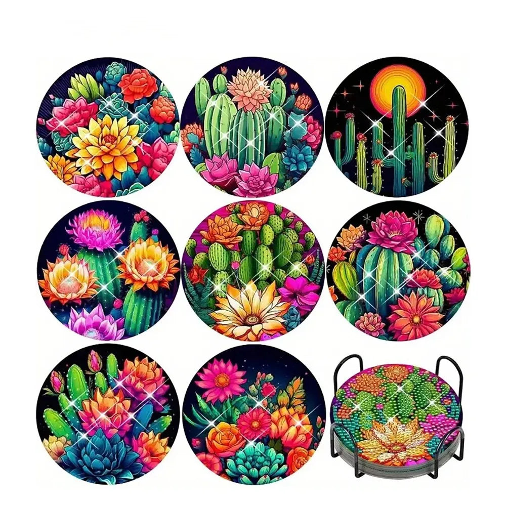 8 pieces/set of dog, beach, lighthouse pattern diamond painted coaster set, sparkling rhinestone heat-resistant beverage mat wit