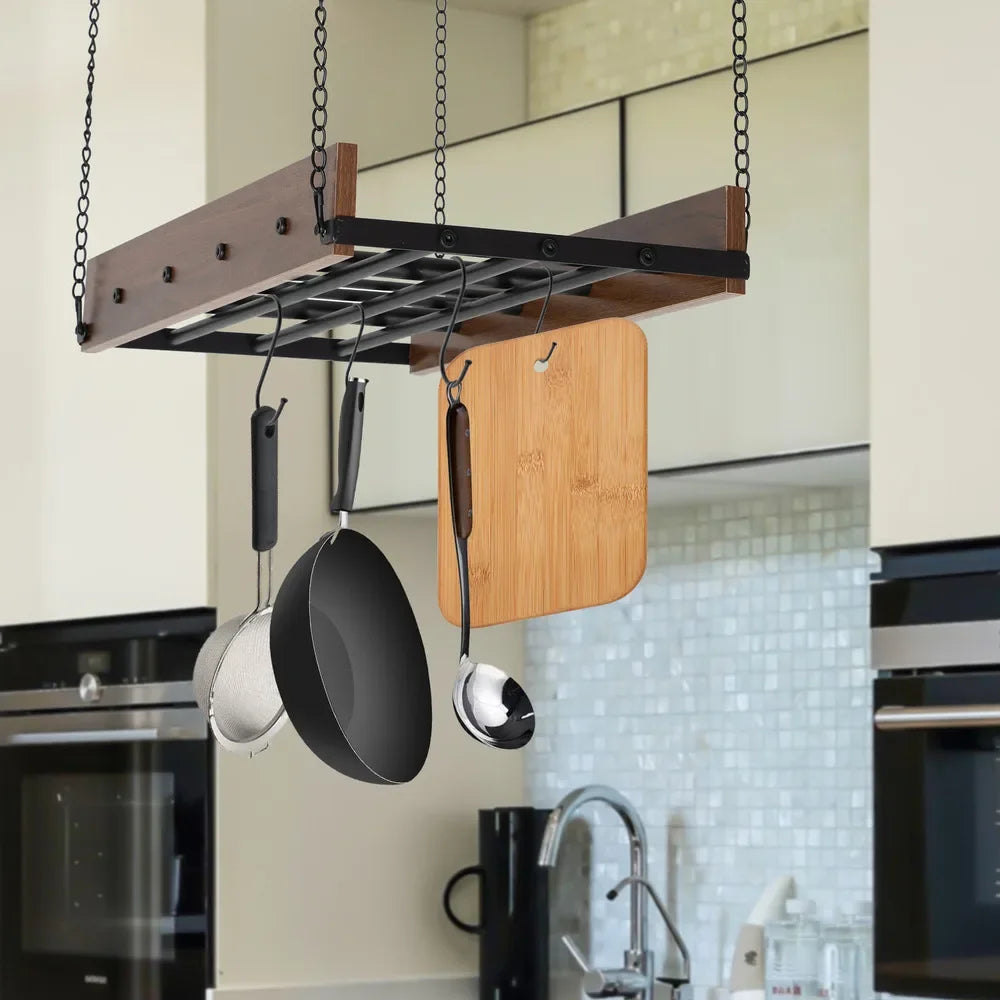 Adjustable Ceiling-Mounted Kitchen Hanging Pot Pan Holder – Cookware Organizer Rack W/ Spring Clips, Space-Saving Storage Shelf