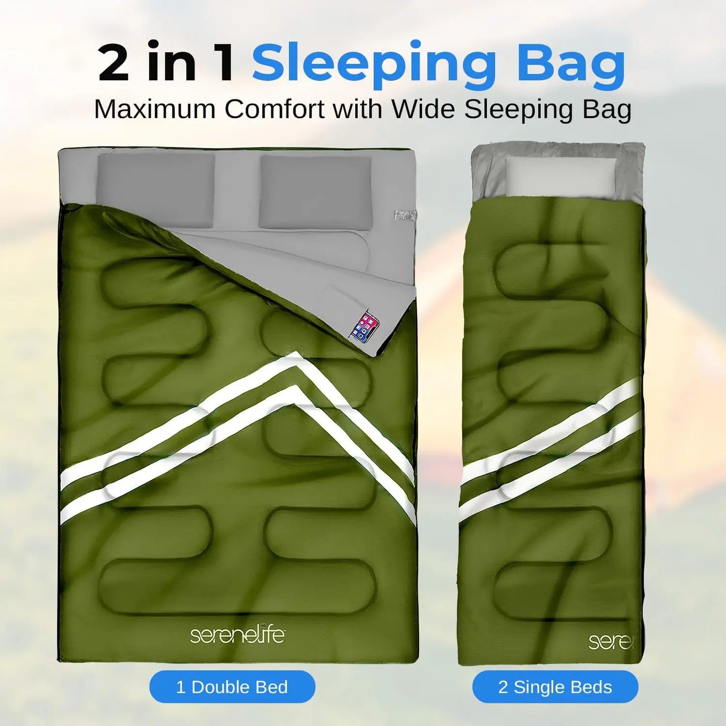 Double Sleeping Bag for Adults Teens, Waterproof Lightweight Camping Gear with 2 Pillows, Weather Proof for Backpacking Hiking
