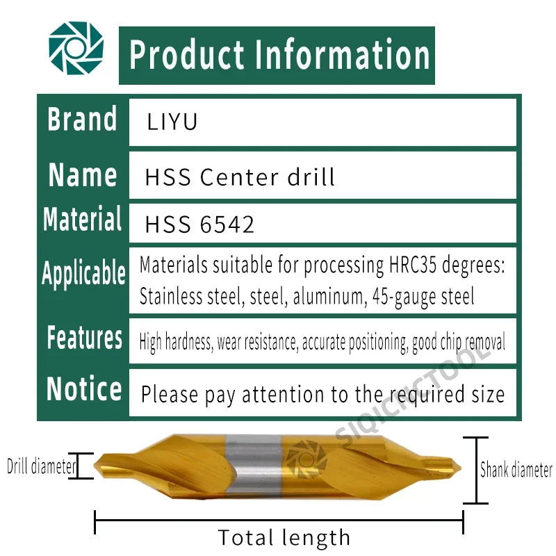 HSS Combined Center Drills Ti-Coated 60 Degree Countersinks Angle Bit Set 6pcs 1.0-5mm Metal Centering Dril Bit Lathe W6542 M35