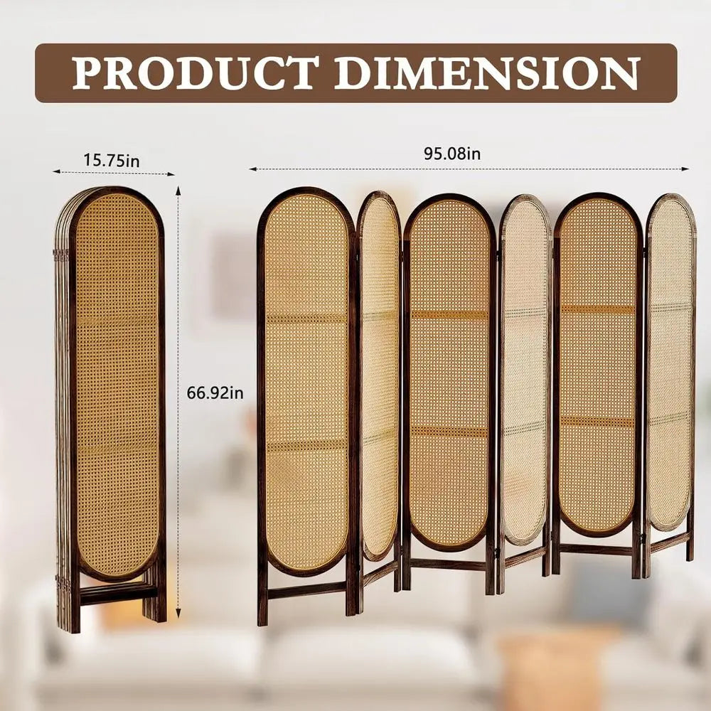 6-Panel Rattan Room Divider, Hand-Woven Privacy Screen, Wood Partition for Home or Office, Brown