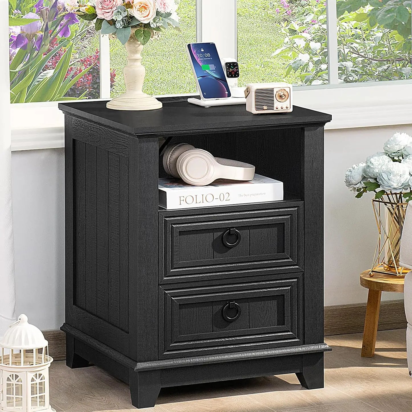 18" Farmhouse Night Stands Set of 2 with Charging Station, 2 Drawers End Table Dresser for Bedroom, Blue Wooden, Customized