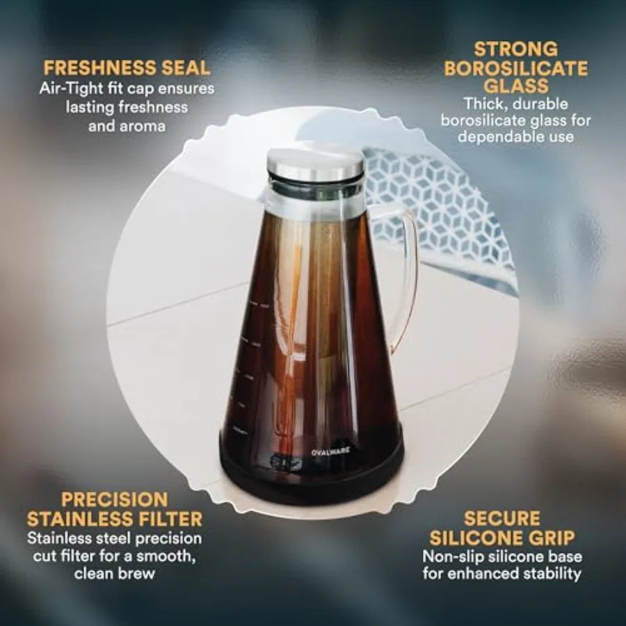 Airtight Cold Brew Iced Coffee Maker Pitcher and Iced Tea Maker with Spout 1.5L/ 51oz Brewing Glass Carafe with Removable Stain