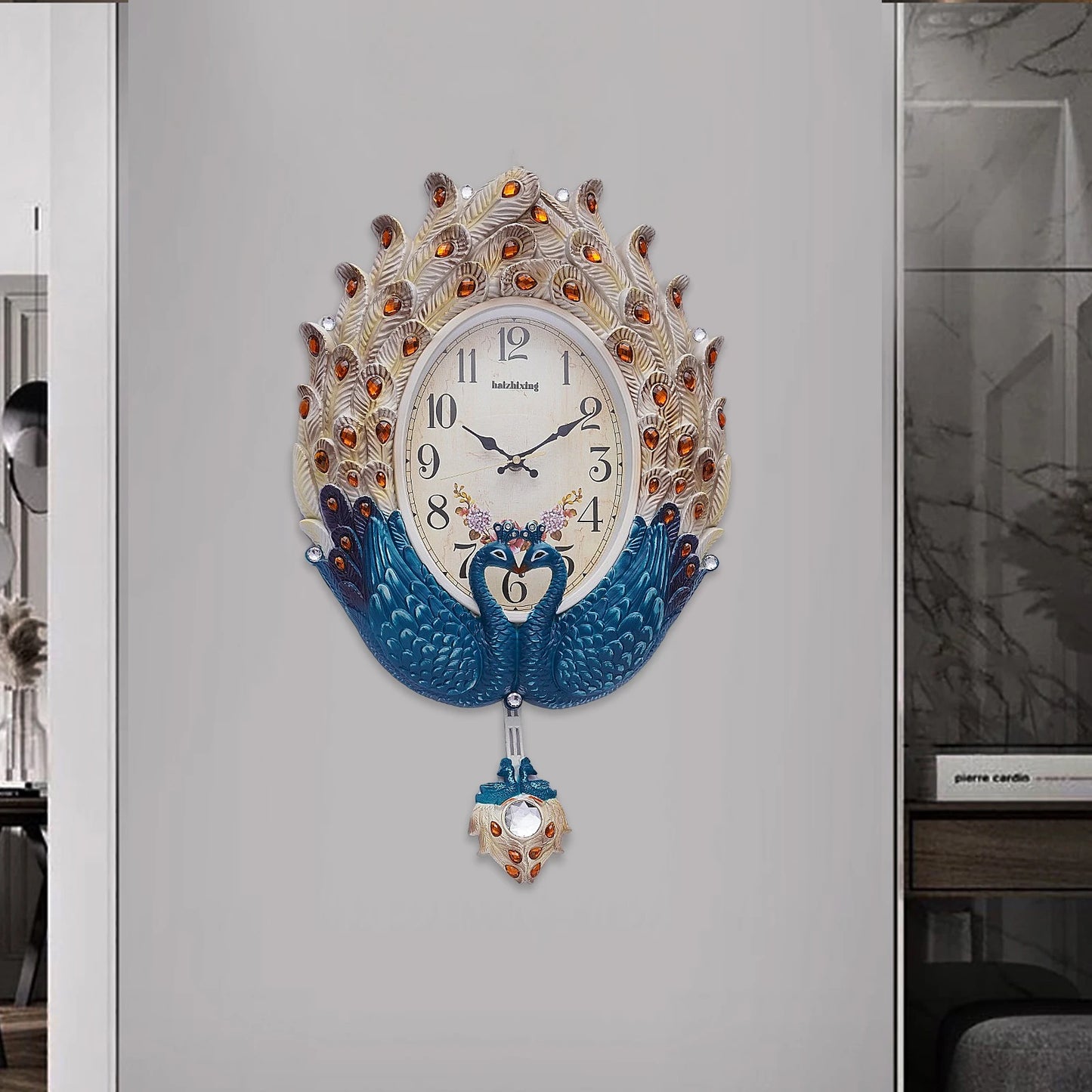 Blue Peacock Wall Clock,Silent Wall-mounted Metal Pendulum Clock 37*60cm with Luxury Crystal for Living Room,Hallways