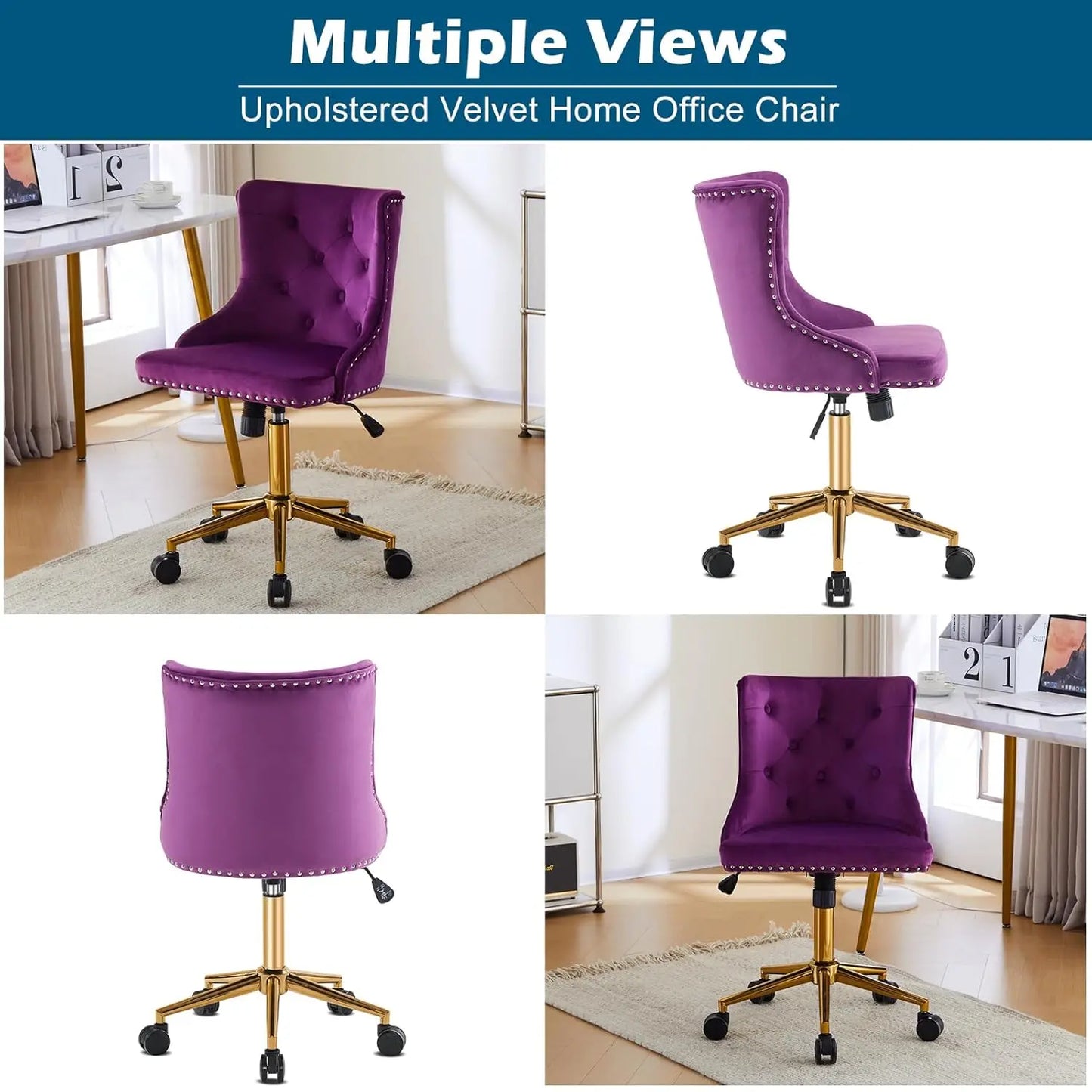 Luxurious Velvet Tufted Armless Office Chair With Wheels