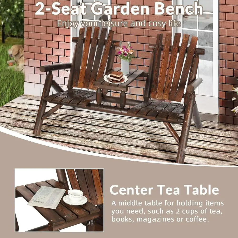 Rustic 2-Person Wooden Adirondack Bench Set with Loveseat and Built-in Table for Patio, Garden, or Poolside