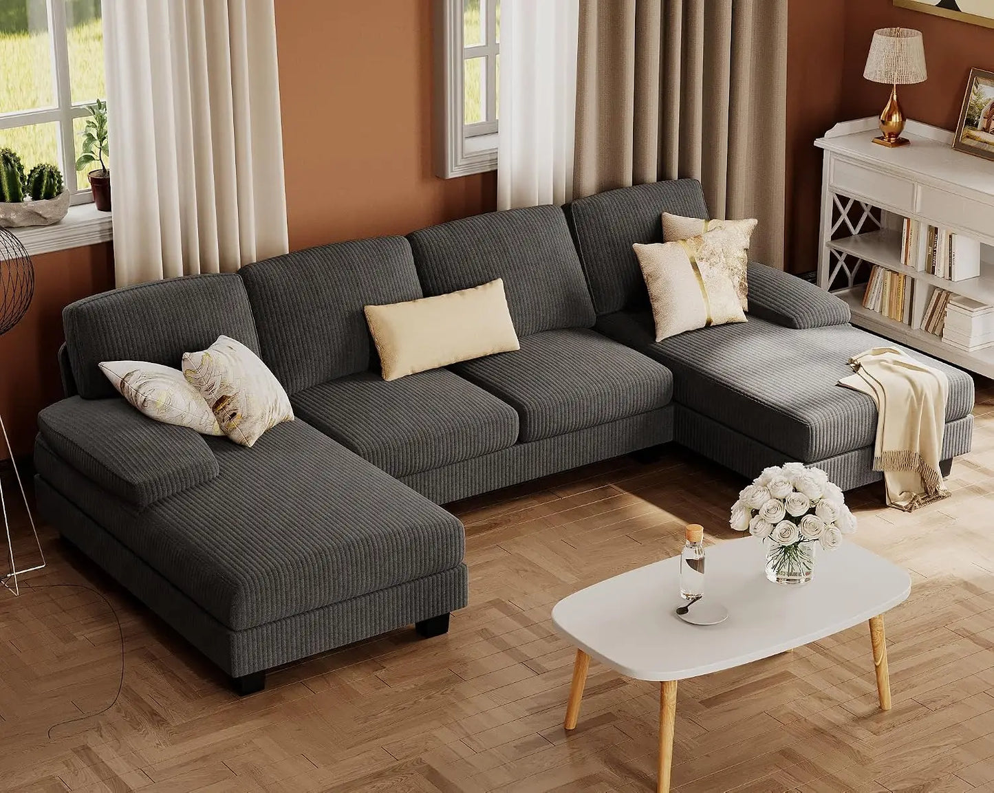 Sectional Couches for Living Room, U-Shaped Sofa Couch with Linen Fabric, 4 Seat Sofa Set with Double Chaise for, Custom