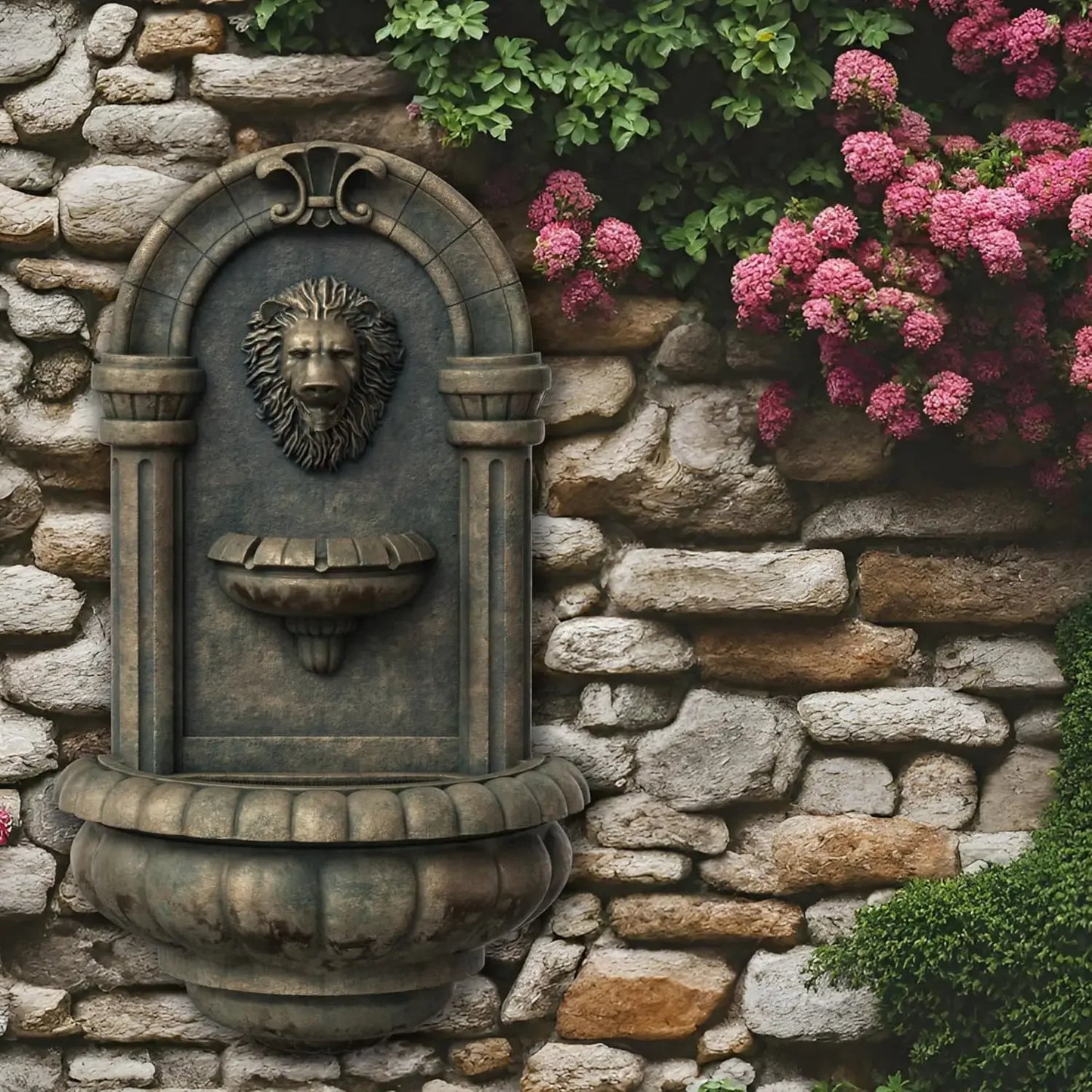 32.1 in. Wall-Mounted Lion Head Stone LED Outdoor Water Fountain for Gardens, Landscaping, Patios, Balconies, Lawns to Create a