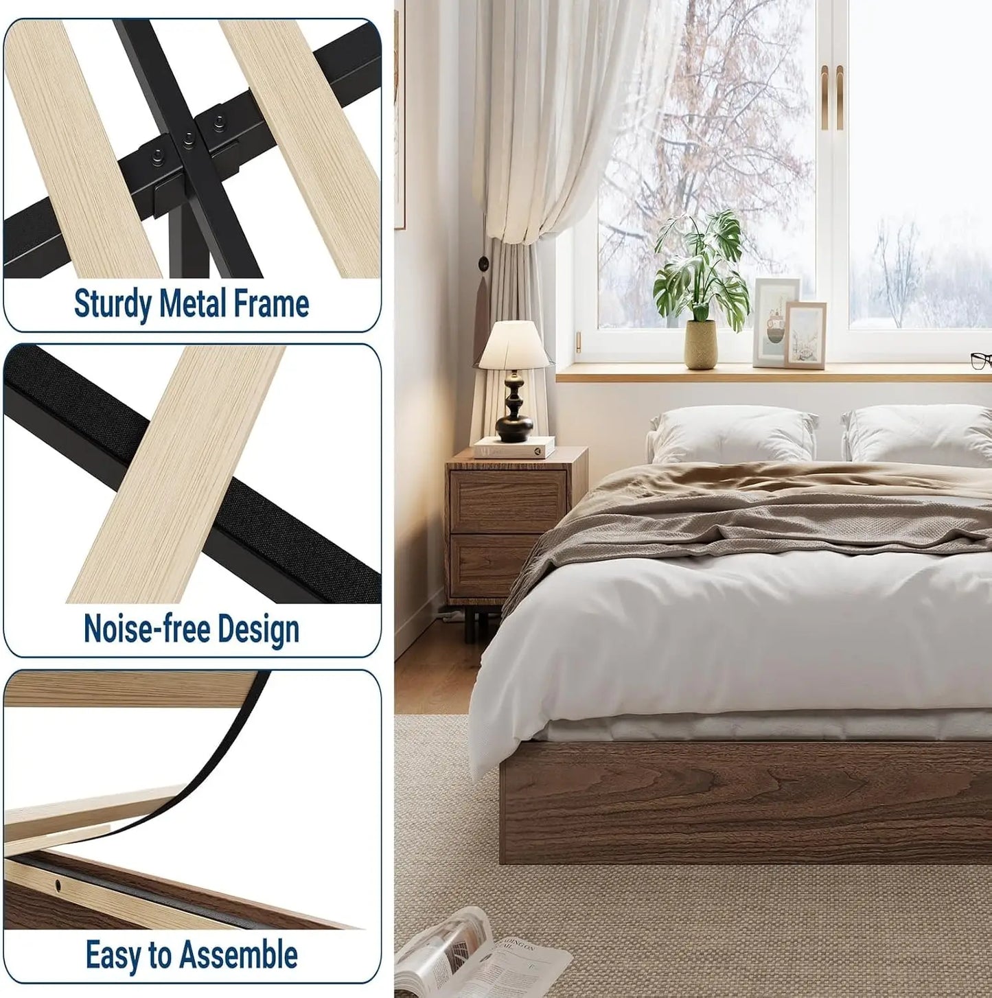 Garvee Living Room Bed Frame Easy Sturdy Assembly Bedroom Frames with Low Profile Design Eco-Friendly Bed Wood Slats Support Home Furniture Without Headboard